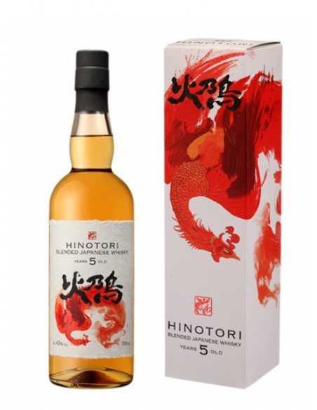Bouteille de whisky Hinotori Blended Japonais 5 ans avec boîte décorée d’un dragon rouge.