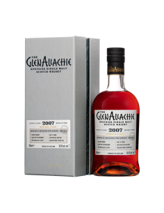 Whisky GlenAllachie 2007 PX Puncheon 70cl en bouteille rouge et boîte grise, étiquette détaillée affichant 2007 et single cask.