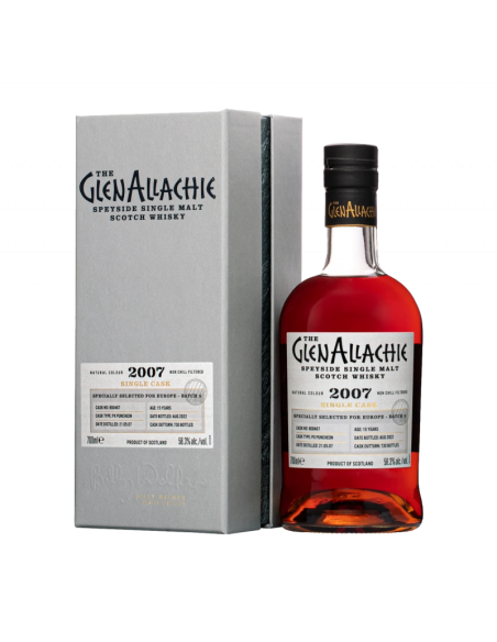 Whisky GlenAllachie 2007 PX Puncheon 70cl en bouteille rouge et boîte grise, étiquette détaillée affichant 2007 et single cask.