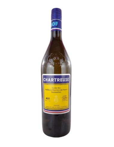 Liqueur Chartreuse MOF 70cl: bouteille sombre à bouchon bleu, étiquette jaune et bleue « CHARTREUSE ».