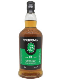 Whisky Springbank 15 ans 70cl en bouteille avec étiquette noire et verte, whisky écossais single malt âgé 15 ans.