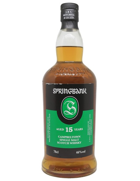 Whisky Springbank 15 ans 70cl en bouteille avec étiquette noire et verte, whisky écossais single malt âgé 15 ans.