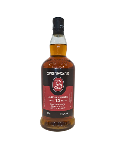 Bouteille de Springbank 12 ans Cask Strength Batch 25, whisky écossais à 57,2% vol, 70 cl, étiquette rouge et symbole central.