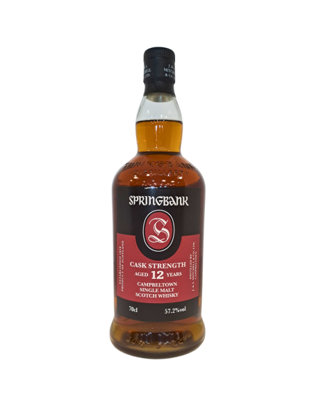 Bouteille de Springbank 12 ans Cask Strength Batch 25, whisky écossais à 57,2% vol, 70 cl, étiquette rouge et symbole central.
