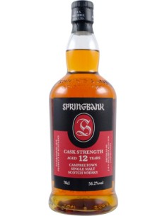 Whisky Springbank 12 ans en bouteille 70cl, étiquette noire et rouge, contenance 70 cl, alcool 56,2%.