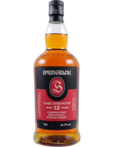Whisky Springbank 12 ans en bouteille 70cl, étiquette noire et rouge, contenance 70 cl, alcool 56,2%.