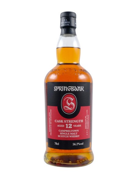 Whisky Springbank 12 ans en bouteille 70cl, étiquette noire et rouge, contenance 70 cl, alcool 56,2%.