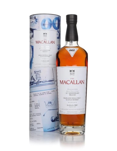 Whisky Macallan Diamonds are Forever 55th Anniversary, bouteille de 70 cl avec boîte cadeau bleu et blanc.