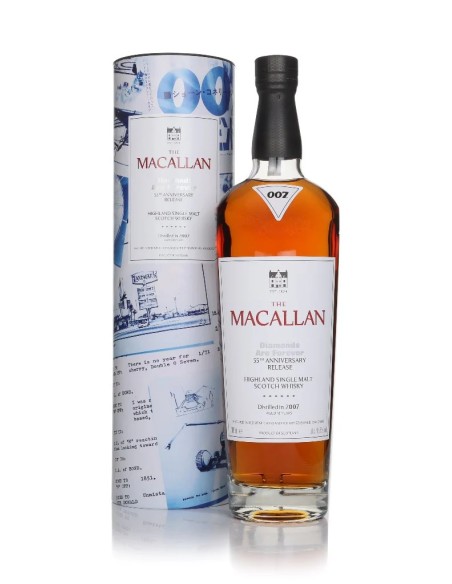 Whisky Macallan Diamonds are Forever 55th Anniversary, bouteille de 70 cl avec boîte cadeau bleu et blanc.