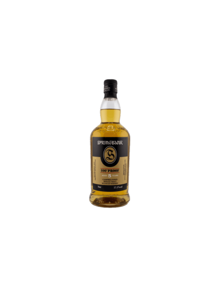 Whisky Springbank 5 ans, bouteille de 70 cl, édition 100°proof, whisky écossais single malt avec étiquette noire et dorée.