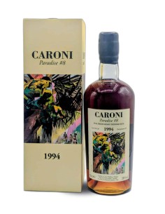Rhum Caroni 1994 Paradise #8, bouteille de 70 cl avec boîte illustrée colorée et bouchon bleu.