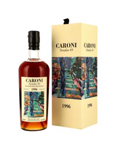 Rhum Caroni 1996 Paradise #9 dans sa bouteille et boîte boutique, étiquette dorée et dessin coloré, conten. 70 cl.