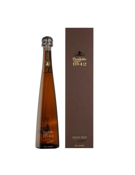 Don Julio 1942 tequila premium d'exception en flacon élancé et boîte marron avec logo doré.