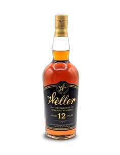 Whisky Weller 12 ans 70cl : bouteille de bourbon ambré avec étiquette noir et doré élégante, logo Weller sur fond sombre.