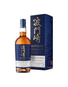 Hatozaki Omakase Sakura 70cl: bouteille de whisky écossé, packaging bleu avec kanji dorés et étiquette sobre.