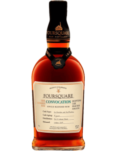 Rhum Foursquare Convocation 70cl : bouteille ambrée avec étiquette Foursquare et bouchon noir, cérémonial label.