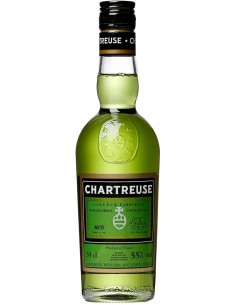 Liqueur Chartreuse Verte 35 cl en bouteille verte, bouchon noir, étiquette verte et noire affichant Chartreuse et 55% vol.