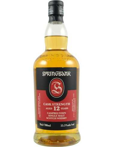 Whisky Springbank 12 ans en bouteille de 70 cl avec étiquette noire et rouge, capuchon noir, couleur ambrée, indiquant 12 ans, C
