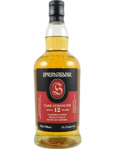 Whisky Springbank 12 ans en bouteille de 70 cl avec étiquette noire et rouge, capuchon noir, couleur ambrée, indiquant 12 ans, C