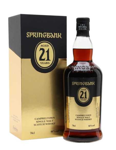 Whisky Springbank 21 ans en flacon de 70 cl accompagné de sa boîte noire et dorée, étiquette "Aged 21 Years" et bouchon noir.