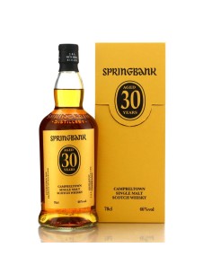 Springbank 30 ans 2024 : single malt écossais rare à 46 %, bouteille et boîte jaune avec logo circulaire 30 ans.
