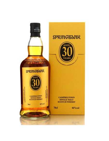 Springbank 30 ans 2024 : single malt écossais rare à 46 %, bouteille et boîte jaune avec logo circulaire 30 ans.