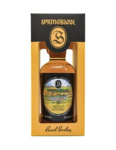 Whisky Springbank 10 ans Local Barley dans sa boîte d’emballage orange et noire, bouteille de 70 cl visible.