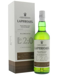 Whisky Laphroaig Elements L 2.0 70cl en bouteille et sa boîte blanche affichant “LAPHROAIG” et “ELEMENTS L2.0” avec étiquette br