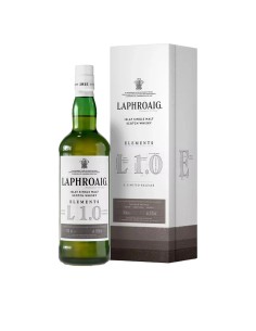 Whisky Laphroaig Elements L 1.0 70cl bouteille et boîte élégante, présentation premium du single malt islandais.