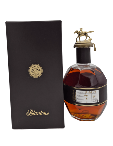 Bourbon Blanton's édition limitée 2024: bouteille de bourbon avec bouchon cheval et boite noire assortie