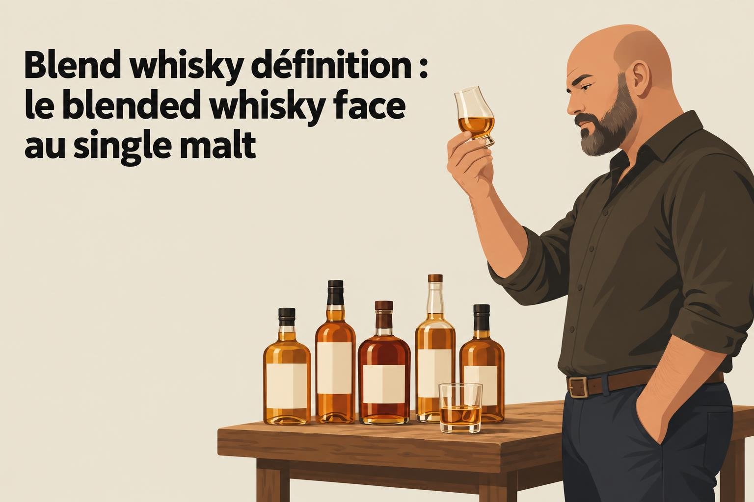 Blend whisky définition : le blended whisky face au single malt, homme dégustant un verre.