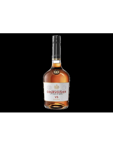 Bouteille de cognac Courvoisier VS avec étiquette visée sur fond blanc.