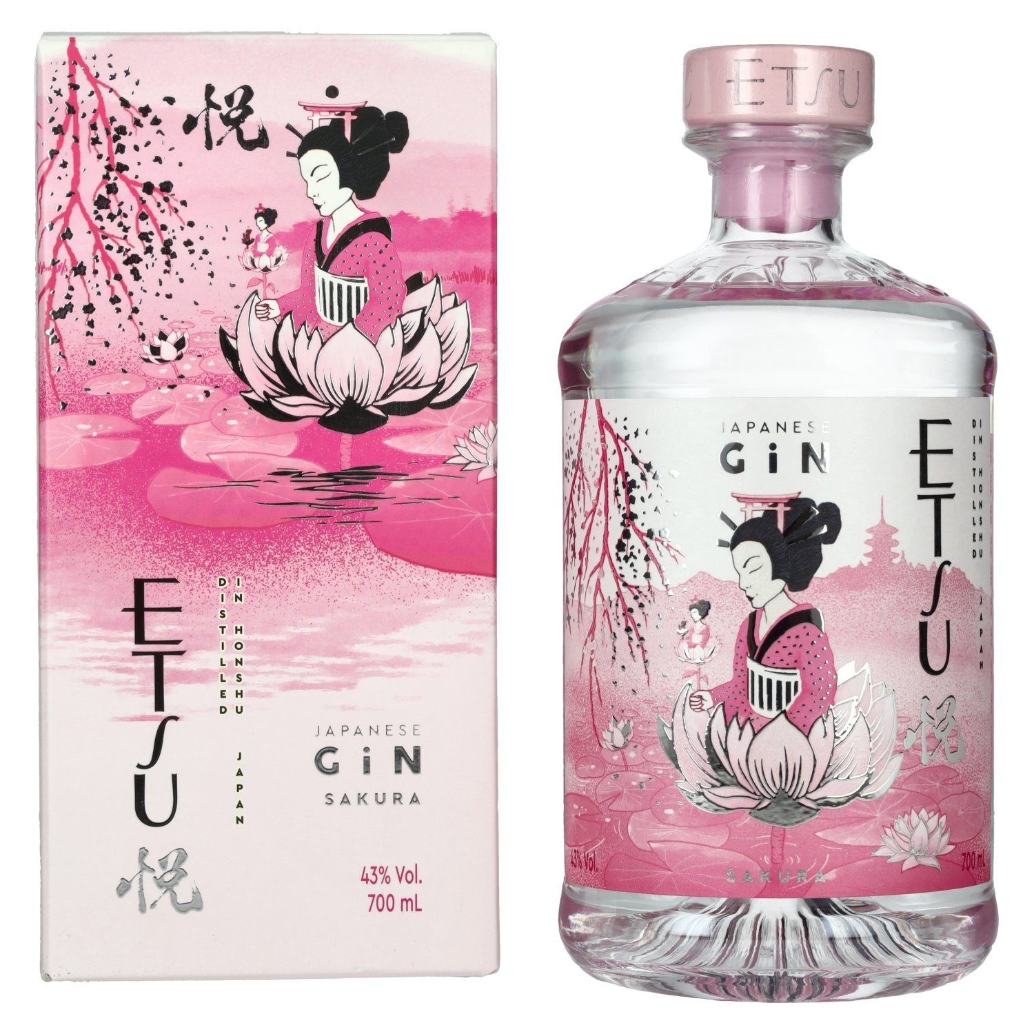 Bouteille de gin japonais Et Su Sakura Pink, avec boîtier assorti illustré d’une geisha sur un lotus, 700 ml, 43% vol. Inclut la mention "Japanese Gin" et design rose.