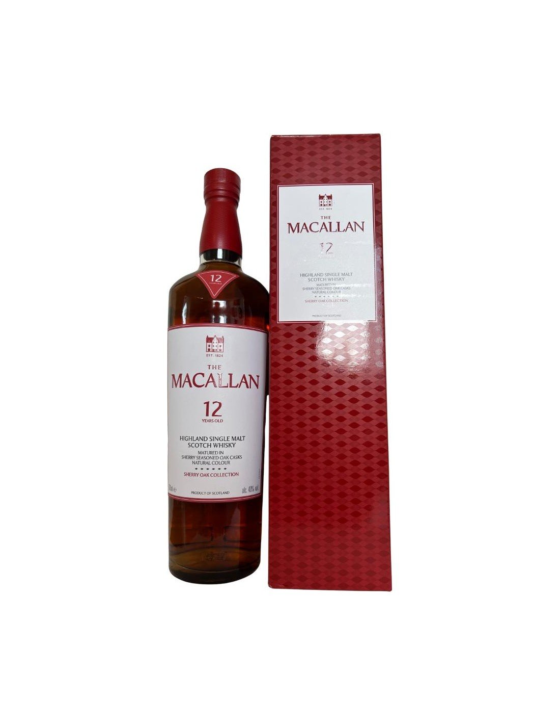 Bouteille de Macallan 12 ans et son coffret rouge, whisky écossais single malt de grande robe ambrée.