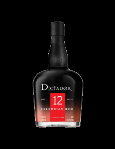 Bouteille de rhum Dictador 12 ans, mélange colombien, noir élégante, étiquette rouge et argentée, prêt pour dégustation