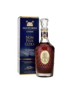 Bouteille de rhum Non Plus Ultra OLD ST.CROIX avec carafe à facets et boîte bleue, vieillissement et élégance old age. qu'est-ce qu'un rhum xo intégré.