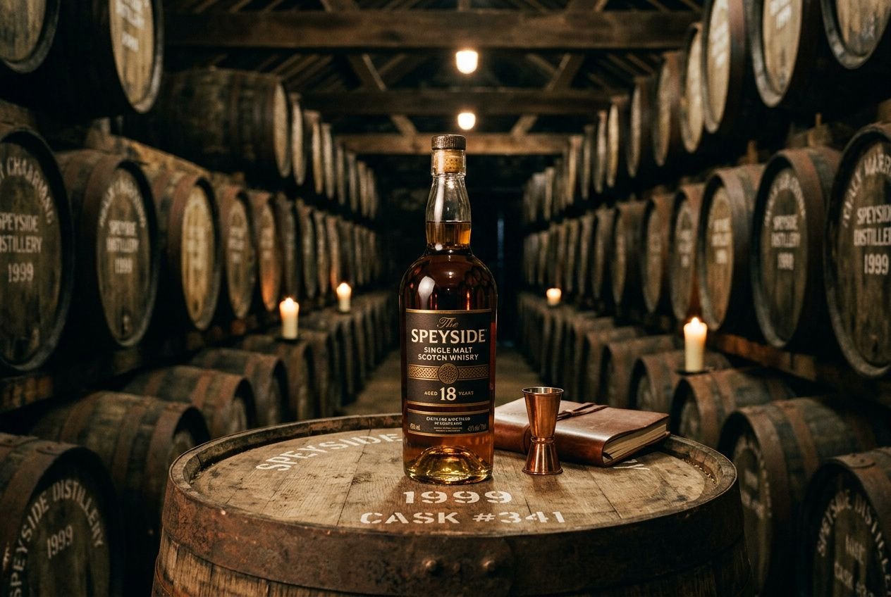 Bouteille de single malt whisky Speyside sur un fut écossais, entourée de barriques et de bougies dans une cave de vieillissement.