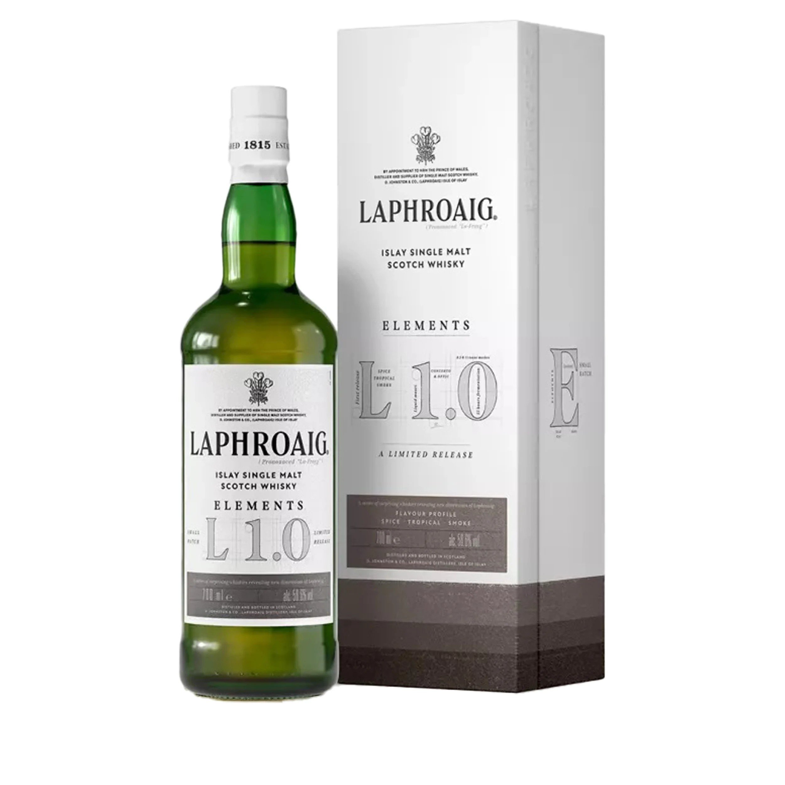 Bouteille de whisky tourbé Laphroaig Elements L1.0 édition limitée avec sa boîte, verre et étiquette détaillée. Comment boire un whisky tourbé, dégustation fumée.