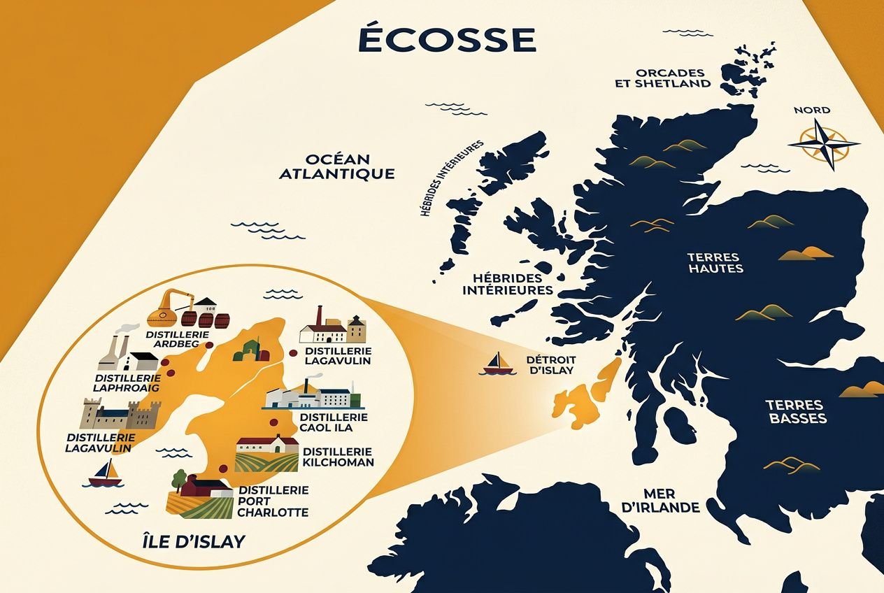 Carte illustrant l’Écosse et l’Île d’Islay avec distilleries et zones maritimes; focus sur les whiskies tourbés et leur origine. meilleur whisky tourbé