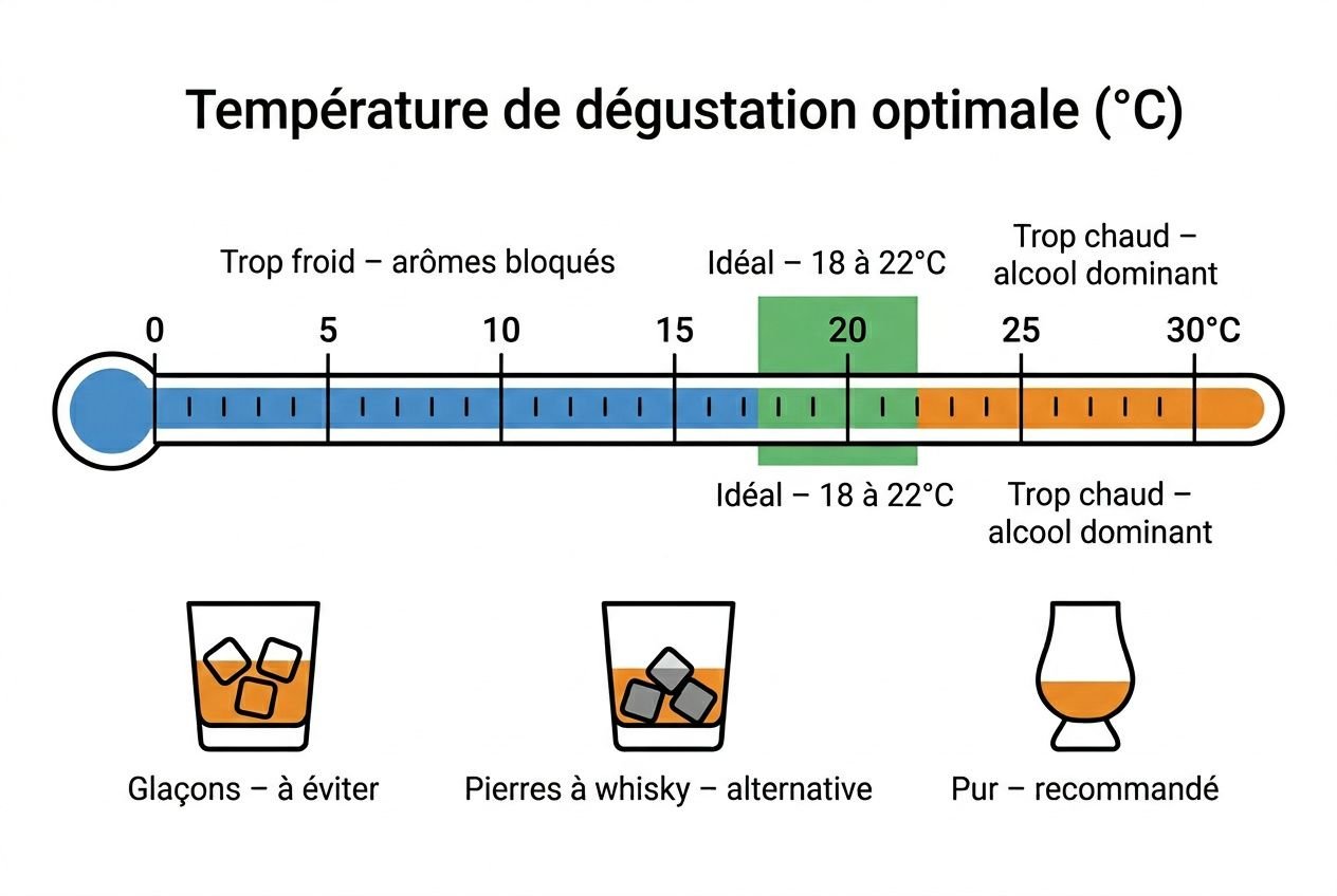 Courbe de température de dégustation optimale autour de 20°C, avec options “glaçons à éviter” et “pierres à whisky” comme alternatives; verre indiqué comme pur ou recommandé. Inclut pictogrammes et légendes. Intègre la notion de comment déguster un whisky.