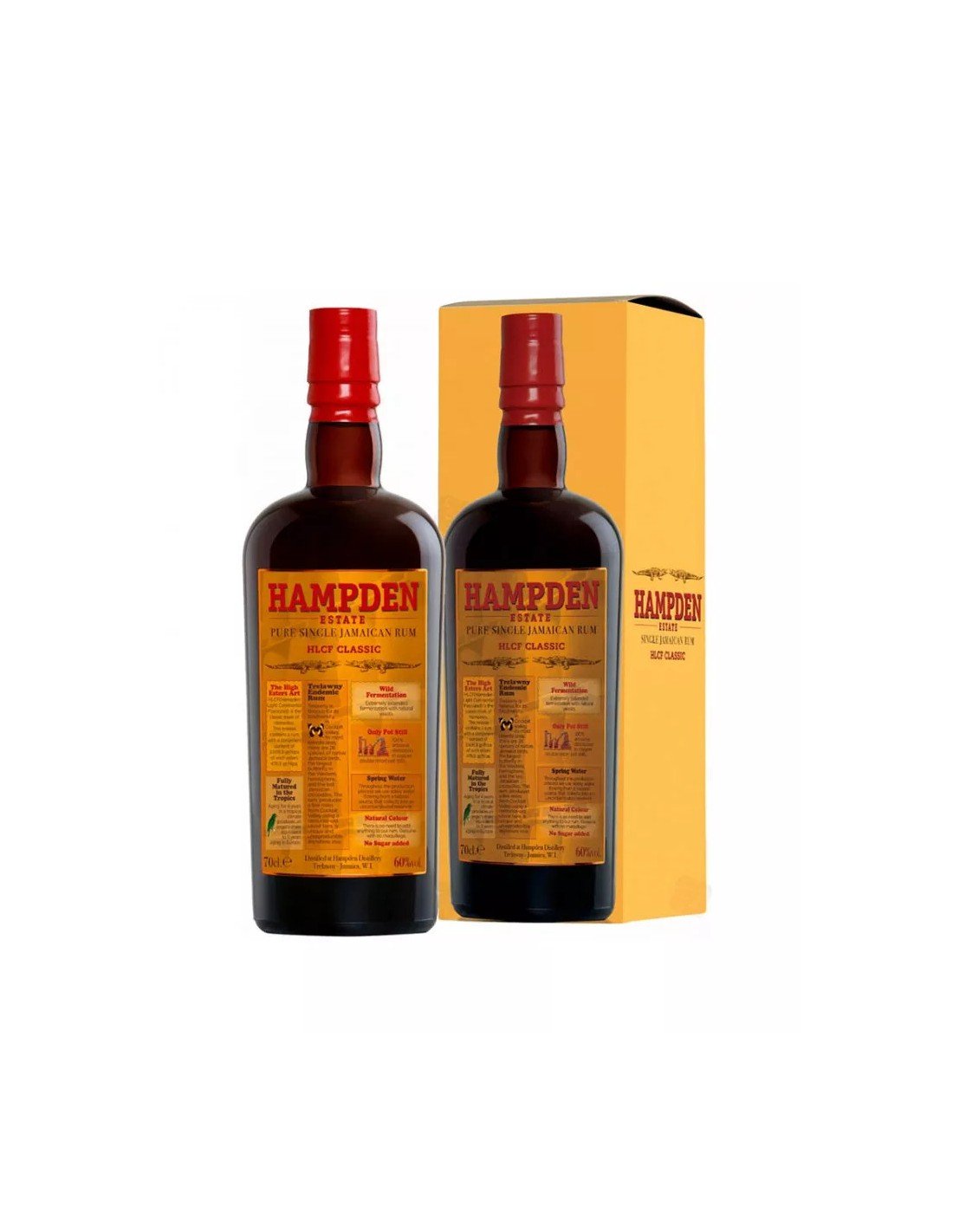 Deux bouteilles de rhum Hampden avec boîte jaune à côté, vue latérale sur étiquette orange. Le tout rappelle le travail artisanal autour du spiritueux.