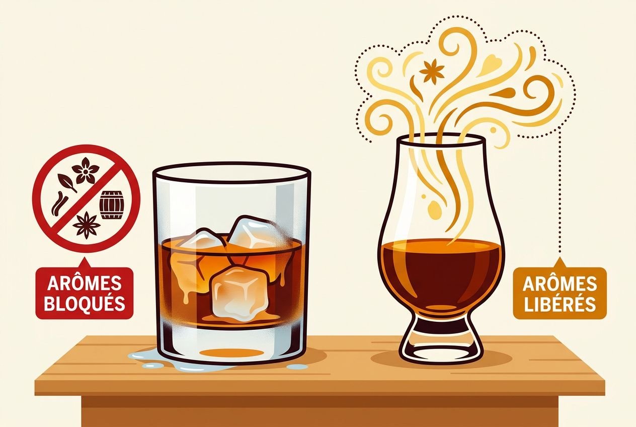 Deux verres de whisky: un sur glaçons froid et l’autre avec arômes dégagés, illustration illustrant « arômes bloqués » vs « arômes libérés » pour apprendre comment déguster whisky correctement.