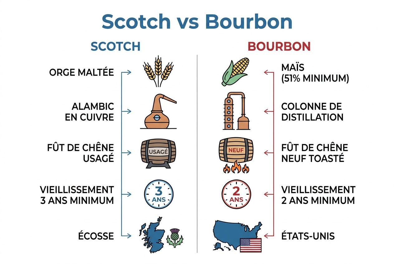 Différence entre whisky et scotch : comparaison visuelle ScotCH vs Bourbon avec céréales et origine.