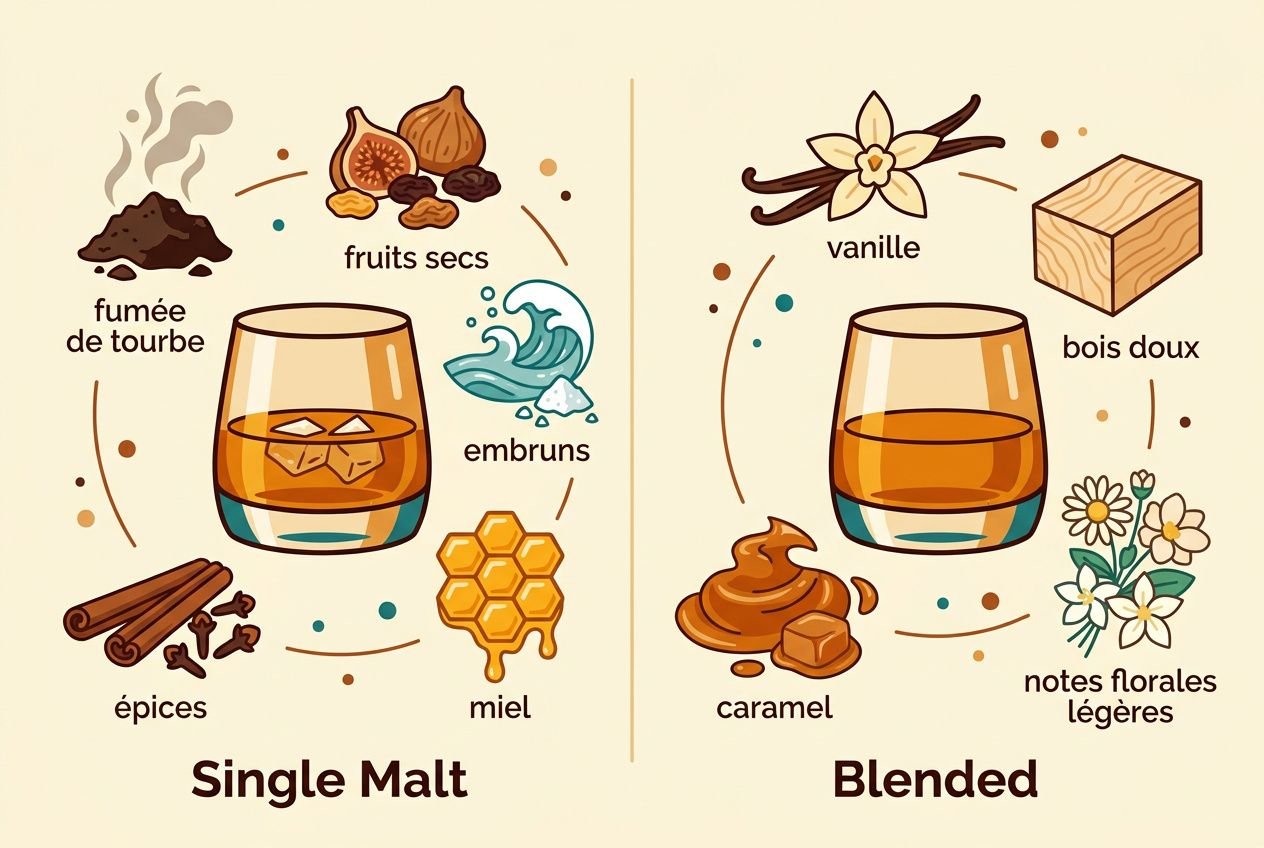 Différence single malt et blended : illustration comparant le whisky, avec éléments aromatiques, fruits secs et miel pour le single malt et vanille, caramel et notes florales pour le blended.