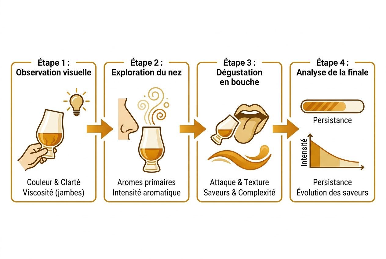 Étapes illustrées pour apprendre « comment déguster whisky correctement » : observation visuelle, exploration du nez, dégustation en bouche et analyse finale de persistance des saveurs.