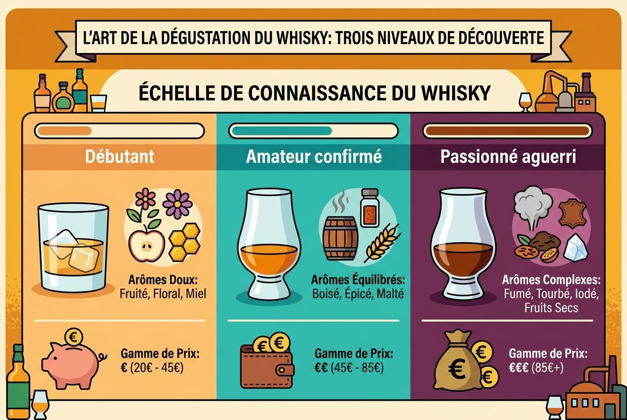 Grille d’évaluation “Échelle de connaissance du Whisky” avec trois niveaux: Débutant, Amateur confirmé et Passionné aguerri, chacun montrant arômes et gammes de prix.