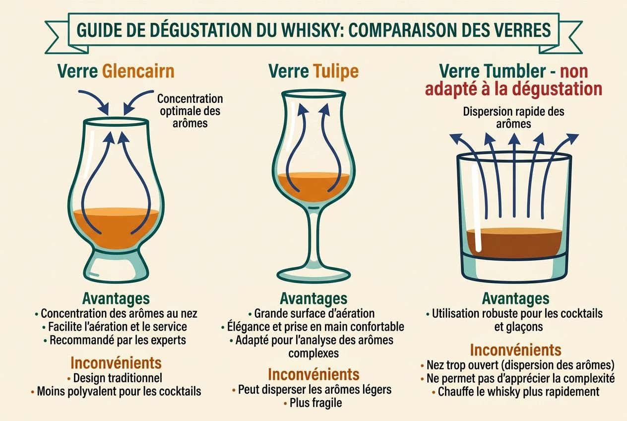 Guide de dégustation du Whisky: comparaison des verres, expliquée pour savoir comment déguster un whisky et ses arômes.