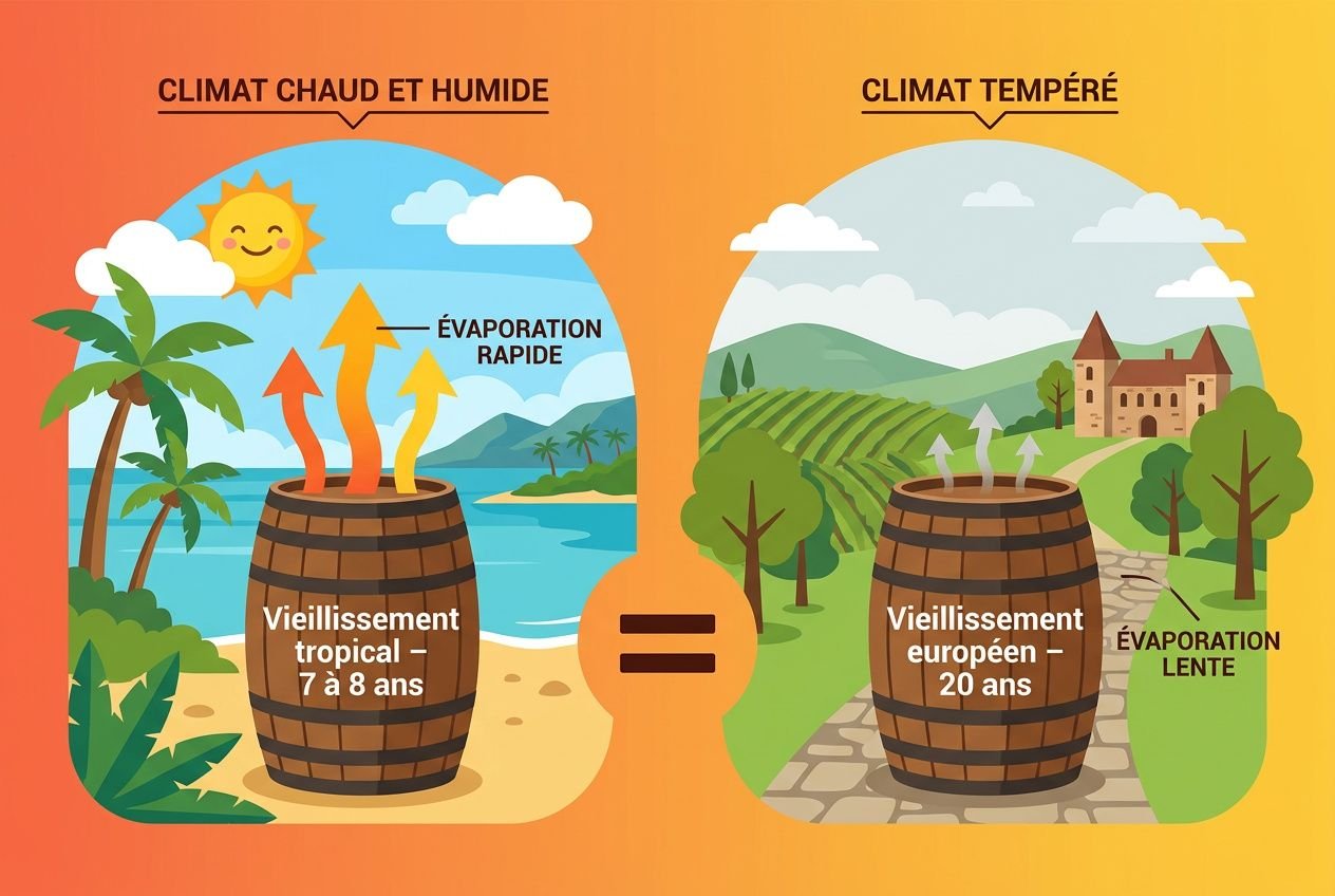 Schéma comparant le vieillissement rhum: fût de chêne et climat (tropical vs européen) influençant l’âge et l’évaporation. Vieillissement rhum entre 7–8 ans en tropical et 20 ans en européen.