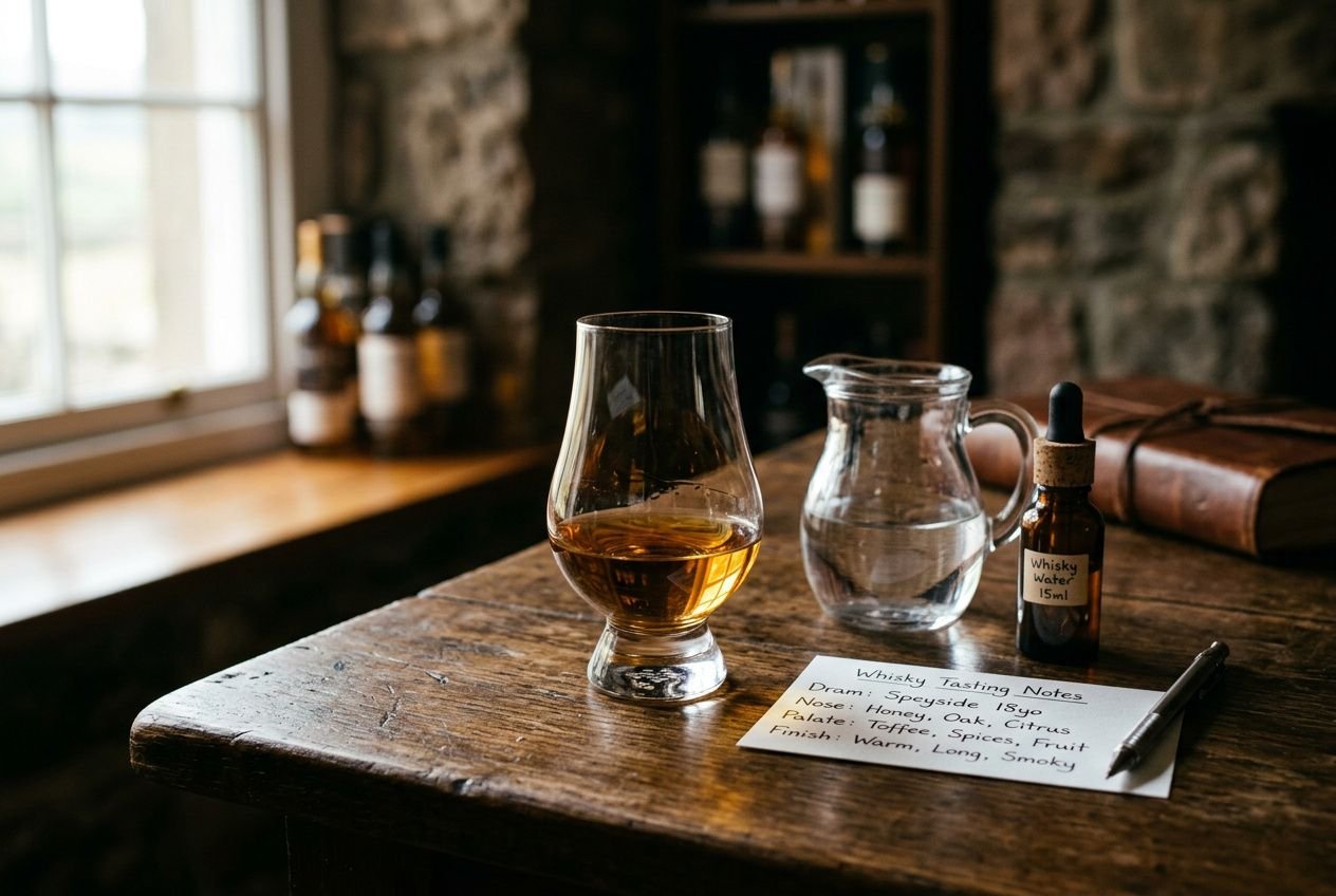 Verre de whisky ambré sur une table en bois, with sample notes et flacon compte-gouttes, prêt à apprendre comment déguster un whisky.