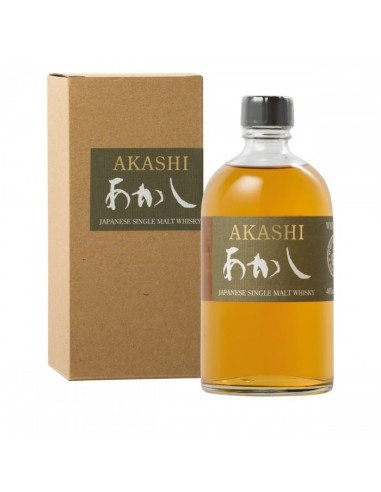 Whisky japonais Akashi en bouteille haute avec étui en carton à côté, image lumineuse sur fond blanc.